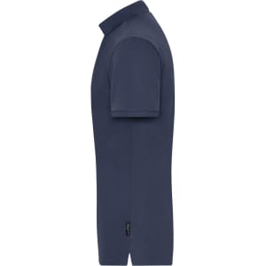 A navy blue men's polo shirt with short sleeves and a collar, featuring a logo on the side.