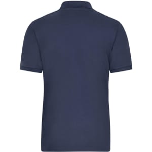 A men's polo shirt in navy blue, featuring a classic design and a logo on the back.