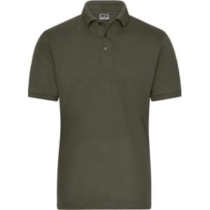 A men's BIO stretch polo in an olive green colour with a buttoned collar and short sleeves, featuring a logo.