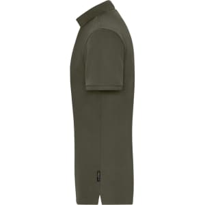 A men's polo shirt in olive green with a collar and short sleeves, featuring a small logo on the side.