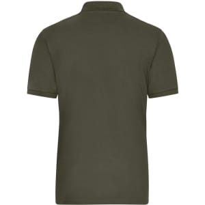 A men's polo shirt in olive green with a classic collar and short sleeves, featuring a logo on the back.
