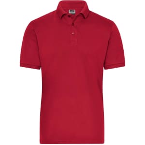 A red men's polo shirt featuring a classic design and a brand logo on the chest.