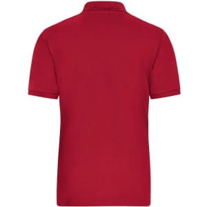 A red men's polo shirt featuring a classic design and a logo on the back.