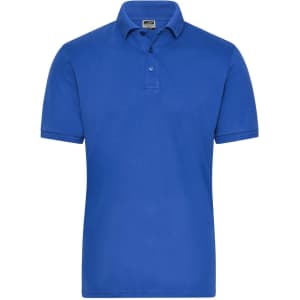 A blue men's polo shirt with a collar, short sleeves, and a logo on the chest.
