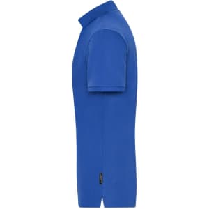 A blue men's polo shirt with a collar, featuring a side view and branding on the hem.