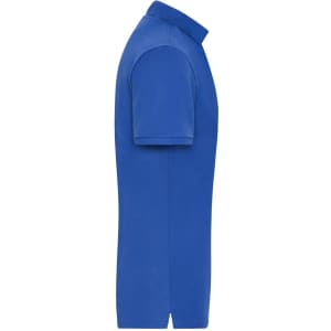 A side view of a blue men's BIO Stretch-Polo shirt, featuring a classic polo collar and short sleeves.