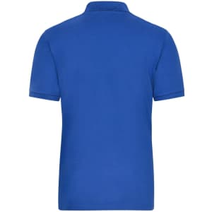 A blue men's polo shirt with a collar and short sleeves, featuring a branding logo.