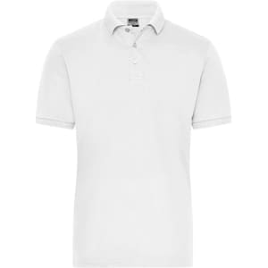 A white men's polo shirt with a collar, short sleeves, and a logo on the chest.