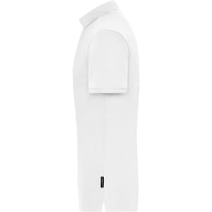 A white men's polo shirt featuring a classic collar and short sleeves, with a logo on the side.