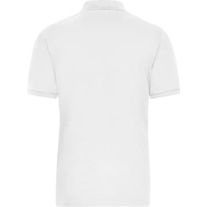 A white men's polo shirt with a classic design and a discreet logo on the back.