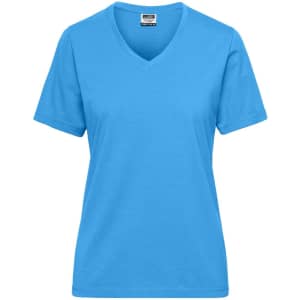 A blue ladies' workwear T-shirt with a V-neck and short sleeves, featuring a logo.