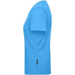A blue ladies' workwear T-shirt featuring a short sleeve design and a logo at the hem.