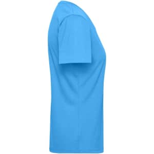 A blue ladies' workwear T-shirt displayed from the side, featuring short sleeves and a simple design.
