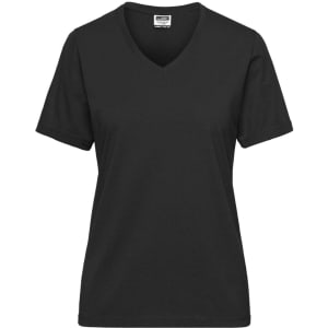 A black ladies' workwear T-shirt with a V-neck and short sleeves, featuring a logo on the label.