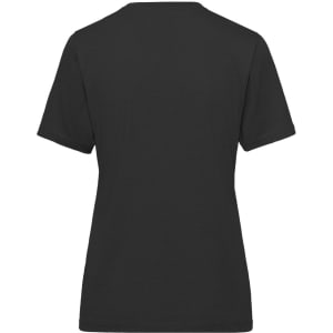 A black ladies' workwear T-shirt featuring short sleeves and a simple design, with a logo on the back.