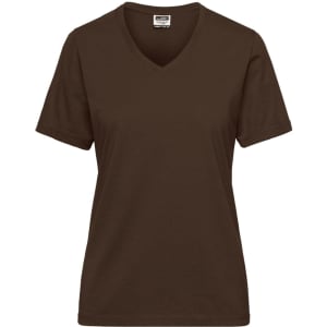 A brown ladies' V-neck work t-shirt with short sleeves and a branded label.