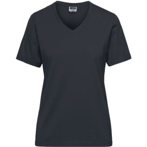 A ladies' dark navy v-neck workwear t-shirt with short sleeves and a simple design. Features a logo on the label.