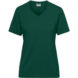 A women's V-neck work T-shirt in dark green with short sleeves and a logo on the label.