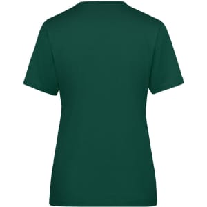 A dark green ladies t-shirt with short sleeves and a crew neckline, featuring a back view. The shirt has a logo.