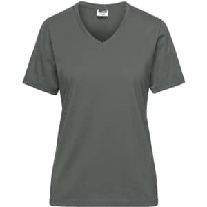 A grey V-neck work T-shirt for ladies featuring short sleeves and a simple design. Includes a logo.