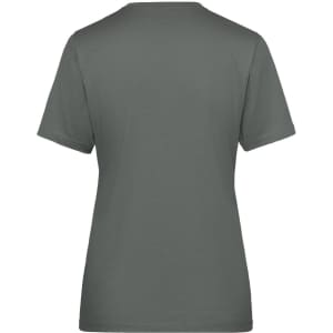 A grey women's work T-shirt with short sleeves and a simple design, featuring a branding logo.