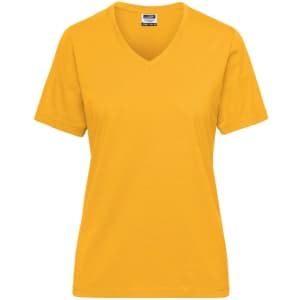 A yellow V-neck T-shirt designed for women, featuring short sleeves and a logo.