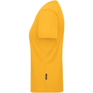 A yellow women's work T-shirt with short sleeves and a logo on the side.