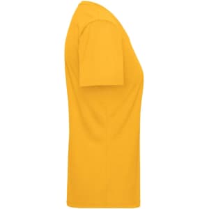 A yellow women's work T-shirt displayed from the side, featuring short sleeves and a plain design.
