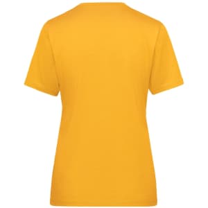 A yellow ladies' workwear T-shirt featuring a crew neck and short sleeves. It has a logo on the back.