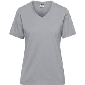 A grey ladies' V-neck work t-shirt with short sleeves and a small logo.