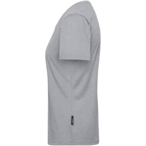 A grey ladies' T-shirt with short sleeves and a branded label at the hem, designed for workwear.