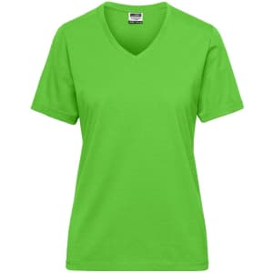 A bright green ladies' V-neck workwear t-shirt made from soft fabric, featuring a logo.