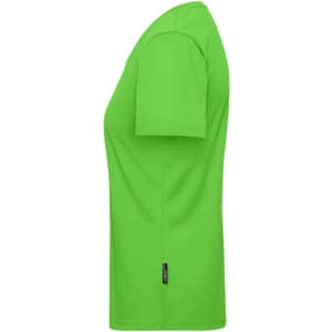 A bright green ladies workwear t-shirt featured in a side view, showcasing its short sleeves and relaxed fit.