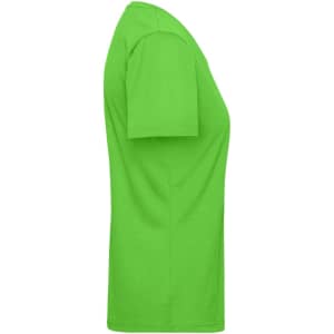 A bright green ladies' work T-shirt displayed from the side, featuring short sleeves and a basic design.