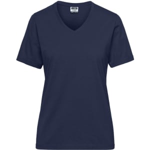 A navy blue ladies' V-neck workwear T-shirt featuring short sleeves and a logo.