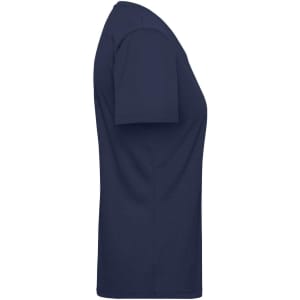 A navy blue Ladies BIO Workwear T-Shirt with short sleeves and a crew neckline, featuring a logo.