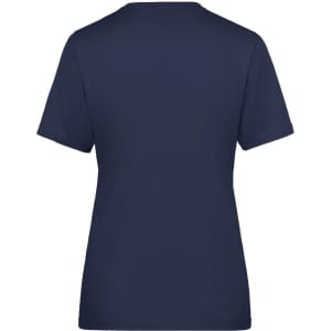 A navy blue ladies' T-shirt featuring a simple design and a logo on the back, suitable for workwear.