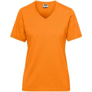 An orange ladies' workwear t-shirt with a v-neck and short sleeves, featuring a branding logo.
