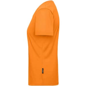 An orange ladies work T-shirt featuring a simple design and short sleeves, with a small logo on the side.