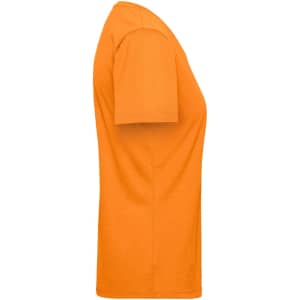 An orange ladies' workwear T-shirt with short sleeves and a fitted cut, featuring a brand logo.