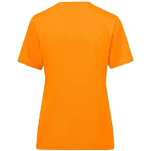 An orange ladies workwear t-shirt with short sleeves and a round neckline, featuring a branding logo on the back.