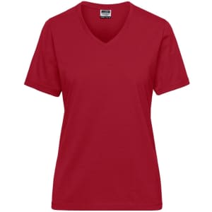 A red ladies v-neck t-shirt with short sleeves, featuring a logo on the label.