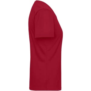 A red ladies' workwear t-shirt displayed from the side, featuring a simple design and a logo on the front.
