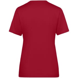 A red ladies' workwear T-shirt with short sleeves and a simple design, featuring a logo on the back.