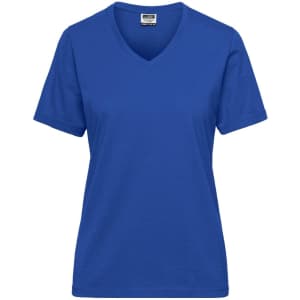 A blue v-neck t-shirt designed for women, featuring short sleeves and a simple, classic style with a logo.
