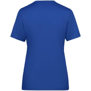 A blue ladies' workwear t-shirt with a classic short-sleeve design and a plain back. It features a logo.