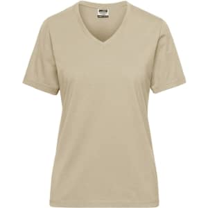 A beige ladies' V-neck T-shirt with short sleeves and a tag visible inside the neckline. It features a logo.