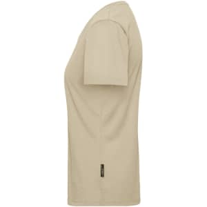 A beige ladies' T-shirt with short sleeves and a side label, designed for workwear use.