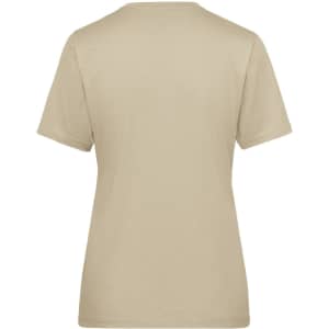 A beige ladies' workwear t-shirt with short sleeves and a crew neck, featuring a logo on the back.