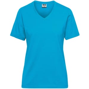 A bright turquoise ladies' V-neck work t-shirt. It features short sleeves and a simple design.